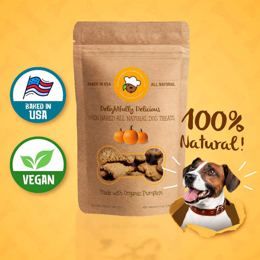 All natural, oven baked, vegan dog treats. Delightfully Delicious Dog Treats Organic Pumpkin made in the USA