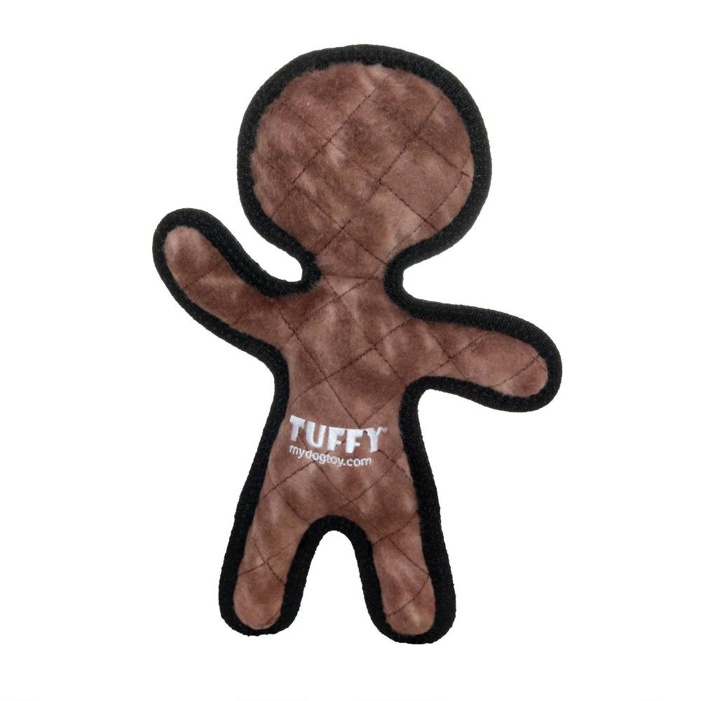 A Christmas-themed dog toy shaped like a gingerbread man.