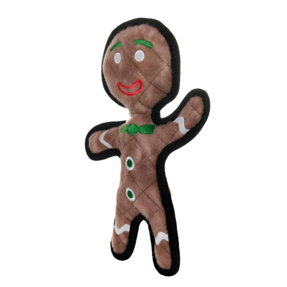 A durable gingerbread man dog toy made with plush fabric