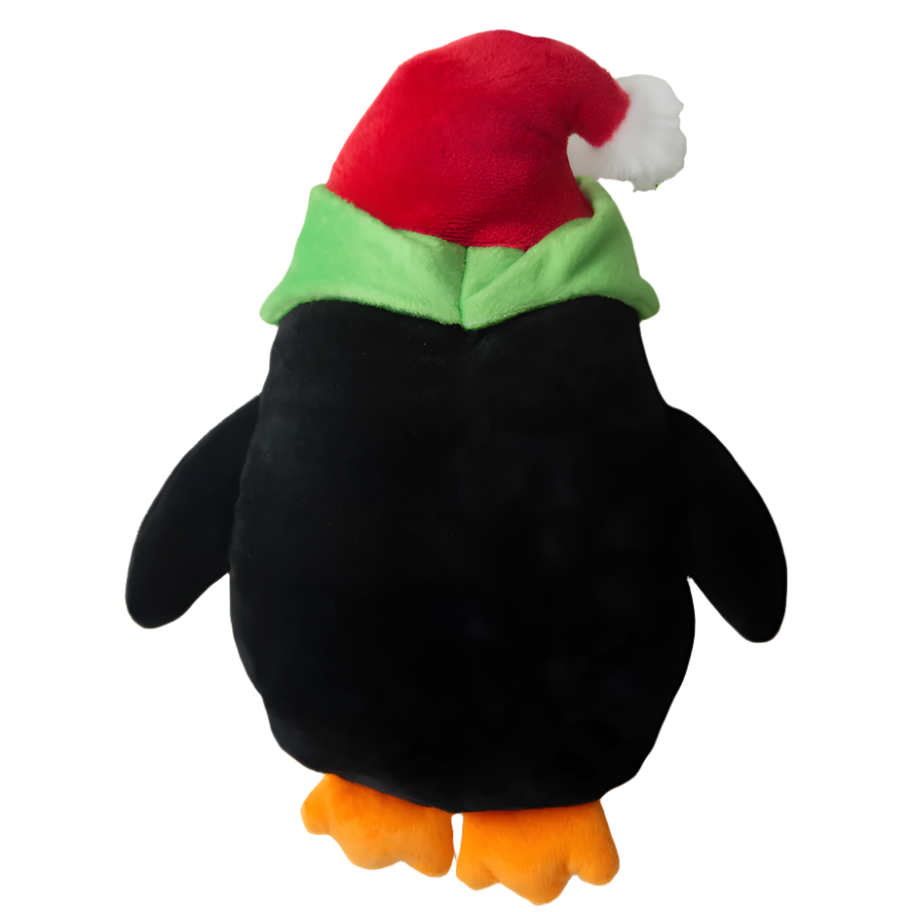 Back of the Snugarooz Christmas penguin plush toy with a friendly face and bright holiday lights.