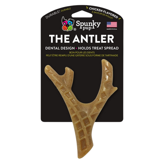 A durable, antler-shaped dog chew from Spunky Pup, designed to clean teeth and hold treat spreads.